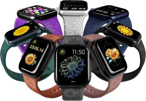 6 Pack Floral Engraved Bands Compatible Apple watch band With 38mm 40mm 41mm 42mm 44mm 45mm 49mm Women.Silicone Flower Reflective Pattern Sport Strap for iWatch Series 10 9 8 7 6 5 4 SE Ultra 3 2 1 in Saudi Arabia