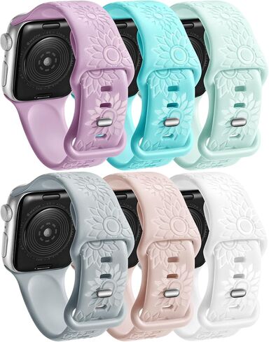 6 Pack Floral Engraved Bands Compatible Apple watch band With 38mm 40mm 41mm 42mm 44mm 45mm 49mm Women.Silicone Flower Reflective Pattern Sport Strap for iWatch Series 10 9 8 7 6 5 4 SE Ultra 3 2 1 in Saudi Arabia