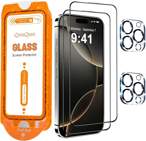 واقي شاشة QsmQam لهاتف iPhone 16 Pro Max + واقي عدسة الكاميرا، [مقاوم للكسر من الدرجة العسكرية]، زجاج مقسى فائق الجودة 9H+، شاشة تغطية كاملة، مع إزالة الغبار تلقائيًا [عبوتان + 2] in Saudi Arabia