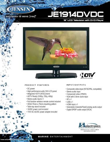 تلفزيون Jensen JE1914DVDC مقاس 19 بوصة RV LCD مع مشغل DVD مدمج، لوحة LCD عريضة عالية الأداء 16:9، دقة 1366 × 768، موالف HDTV متكامل (ATSC)، جاهز للتلفزيون عالي الدقة (1080p، 720p، 480p)، 12 فولت (متجدد) in Saudi Arabia