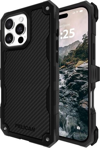 Pelican Shield iPhone 16 Pro Max Case [Compatible with MagSafe] Rugged Phone Case w/ 21ft Military-Grade Drop Protection - Heavy Duty Phone Cover w/Belt Clip Holster for iPhone 16 Pro Max - Carbon in Saudi Arabia