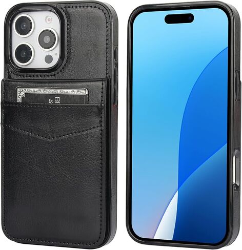 KIHUWEY لهاتف iPhone 16 Pro Max حافظة محفظة وحامل بطاقات بمسند، أسود | فتحات لبطاقات الائتمان، جلد البولي يوريثان، مشبك مغناطيسي، غطاء حماية شديد التحمل للرجال والنساء in Kuwait