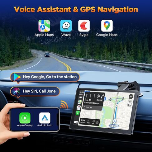 Volam 9'' Wireless Carplay Screen for Car with 2.5K Dash Cam, 1080p Backup Camera, Carplay Screen Compatible with Apple Android Auto, Mirror Link, Loop Recording, GPS Navigation, AUX/FM in Saudi Arabia