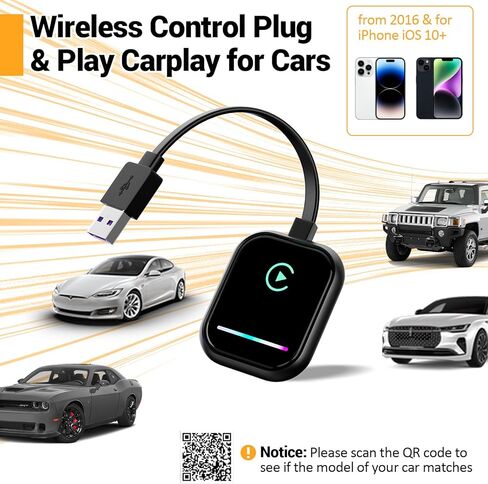 محول Carplay اللاسلكي لجهاز iPhone، يحول محول Carplay السلكي إلى لاسلكي لجهاز iPhone، توصيل التحكم اللاسلكي وتشغيل Carplay للسيارات من 2016 ولهاتف iPhone iOS 10+ in Kuwait