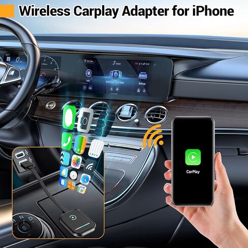 محول Carplay اللاسلكي لجهاز iPhone، يحول محول Carplay السلكي إلى لاسلكي لجهاز iPhone، توصيل التحكم اللاسلكي وتشغيل Carplay للسيارات من 2016 ولهاتف iPhone iOS 10+ in Kuwait