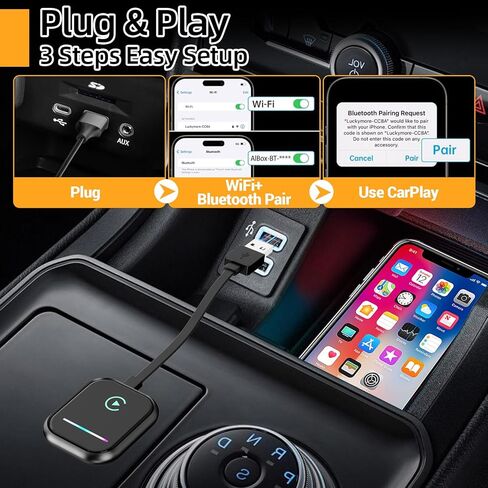 محول Carplay اللاسلكي لجهاز iPhone، يحول محول Carplay السلكي إلى لاسلكي لجهاز iPhone، توصيل التحكم اللاسلكي وتشغيل Carplay للسيارات من 2016 ولهاتف iPhone iOS 10+ in Kuwait