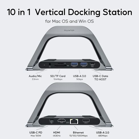 قاعدة شحن USB C لجهاز MacBook Air/Pro، قاعدة توصيل USB-C عمودية عالمية 10 في 1 مع HDMI 4K@30 هرتز، 3 × USB-A 5 جيجابت في الثانية/480 ميجابت في الثانية، SD/TF، ​​RJ45، 100 وات PD، صوت/ميكروفون 3.5 مم لـ MacBook Air/Pro أجهزة الكمبيوتر المحمولة اللوحية in Kuwait