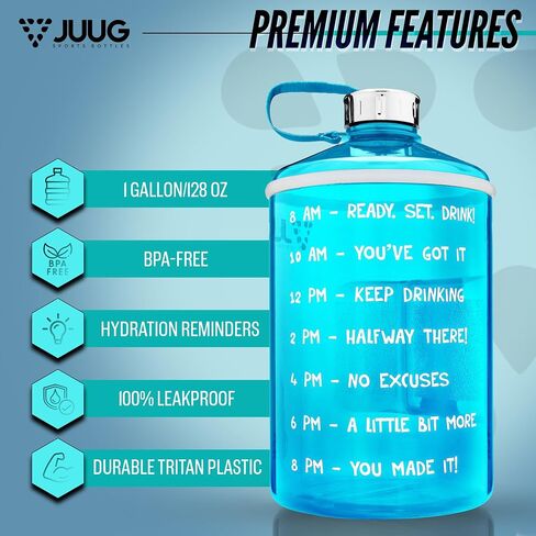 زجاجة مياه سعة 1 جالون من JUUG مع أوقات للشرب - إبريق ماء جالون بمقبض - زجاجة خالية من البيسفينول A مانعة للتسرب سعة 128 أونصة للياقة البدنية في صالة الألعاب الرياضية - زجاجة مياه سعة جالون واحد مع علامات وقت تحفيزية in Saudi Arabia