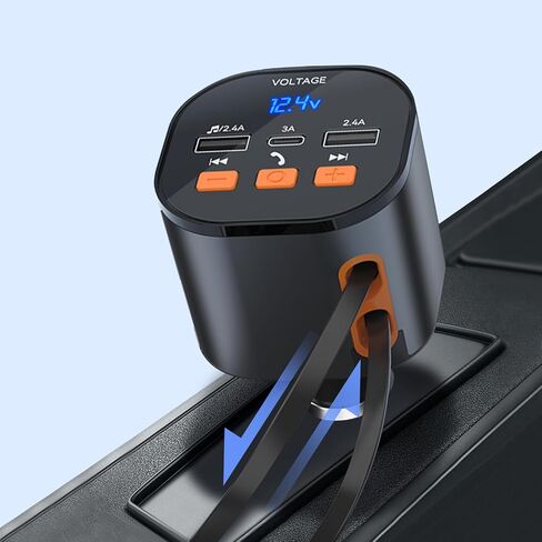 Retractable Car Charger 5 in1 Fast Charging Built-in Dual Retractable Cords 90W Car Bluetooth FM Transmitter Ugrade Hands-Free Calling & MP3 Player, Compatible with iPhone 14 13 Pro Max, iPad,Galaxy in Saudi Arabia