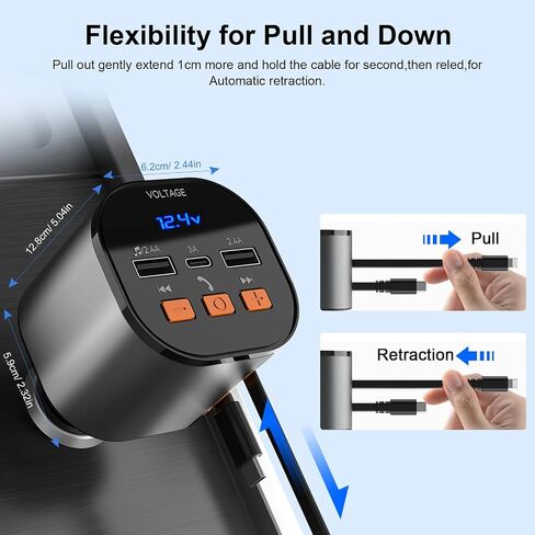 Retractable Car Charger 5 in1 Fast Charging Built-in Dual Retractable Cords 90W Car Bluetooth FM Transmitter Ugrade Hands-Free Calling & MP3 Player, Compatible with iPhone 14 13 Pro Max, iPad,Galaxy in Saudi Arabia