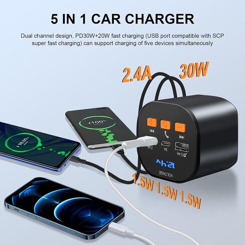 Retractable Car Charger 5 in1 Fast Charging Built-in Dual Retractable Cords 90W Car Bluetooth FM Transmitter Ugrade Hands-Free Calling & MP3 Player, Compatible with iPhone 14 13 Pro Max, iPad,Galaxy in Saudi Arabia