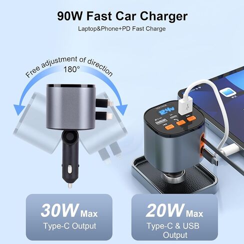 Retractable Car Charger 5 in1 Fast Charging Built-in Dual Retractable Cords 90W Car Bluetooth FM Transmitter Ugrade Hands-Free Calling & MP3 Player, Compatible with iPhone 14 13 Pro Max, iPad,Galaxy in Saudi Arabia