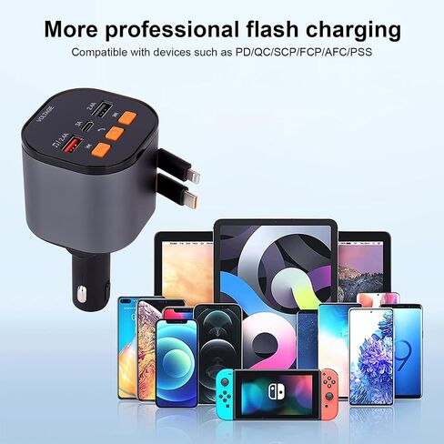 Retractable Car Charger 5 in1 Fast Charging Built-in Dual Retractable Cords 90W Car Bluetooth FM Transmitter Ugrade Hands-Free Calling & MP3 Player, Compatible with iPhone 14 13 Pro Max, iPad,Galaxy in Saudi Arabia