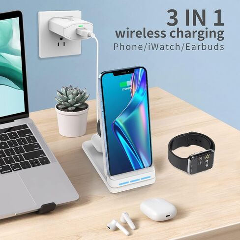 DNTGVUP Wireless Charging Station for Apple - 3 in 1 Wireless Charging Station for iPhone15/14/13/12/Pro/Plus/11/XS/XR/X/8, Charger Stand for Apple Watch S2-S9/SE (White). in Saudi Arabia