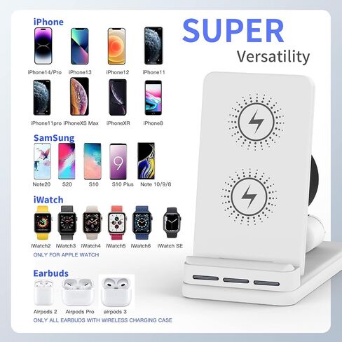 DNTGVUP Wireless Charging Station for Apple - 3 in 1 Wireless Charging Station for iPhone15/14/13/12/Pro/Plus/11/XS/XR/X/8, Charger Stand for Apple Watch S2-S9/SE (White). in Saudi Arabia