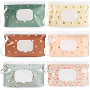 FEBSNOW 6 Pack Baby Wipes Dispenser, Portable Refillable Wipe Holder, Baby Wipes Container, Reusable Wipes Case, Baby Travel Wet Wipes Pouch (Morandi Color)