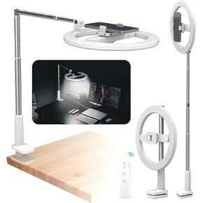 Selfie Ring Light with Stand & Phone Holder,Overhead Phone Mount,Adjustable Tripod LED Desk Light with Clamp & Remote Controller for Video Recording Vlog TikTok Live Stream Cooking Laptop