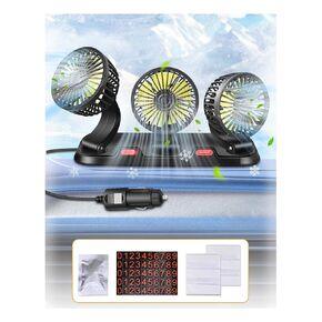 3-Head Car Fan, 360° Horizontally 180°Vertically Rotating Blow Cold Air with 2-Speed Modes, 12V Cigarette Lighter Plug, Portable Car Fan for RVs, Trucks,SUVs