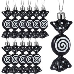 Threan 12 Pieces Christmas Candy Ornaments Hanging Glitter Candy Cane Ornaments Christmas Tree Candy Peppermint Ornaments with Golden Ropes for Xmas Halloween Party Decorations(Red)