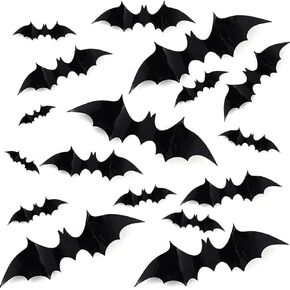 Bats Wall Decor, 100 PCS 3D Bats Sticker for Halloween Decoration Scene Layout Wall Stickers 4 Size Black PVC Waterproof Bat Stickers for Halloween Room Party Decor