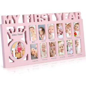 Unittype My First Year Baby Wooden Picture Frame 12 Month Pictures for Baby's First Year Pink Newborn Keepsake Milestone Desktop Photo Frame Nursery Accessories for Baby Girl Gift, 16 x 8 Inch
