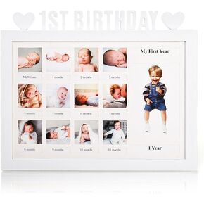 My First Year Photo Frame, Newborn Baby Picture Frame, 12 Months Baby Keepsake Frame Monthly Milestone, Personalized 1st Baby Birthday Mothers Day Gift, 13 Inserts, White