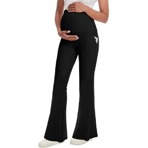 Fotociti Maternity Flare Leggings with Pockets, Women’s Soft Pregnancy Pants Over The Belly For Yoga Workout Active