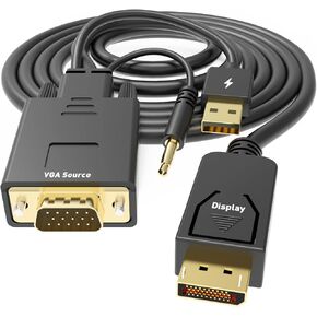 VGA to DisplayPort Cable 6 Feet,1080P Uni-Directional VGA Computer to DP DisplayPort Monitor Adapter Male to Male Gold-Plated Cord Compatible with VGA Source to DP Display