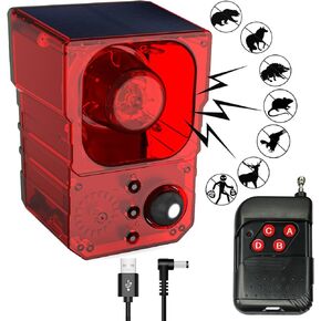 Solar Motion Sensor Alarm Outdoor - Dog Barking, Gunshot & Siren Sounds for Outdoor & Indoor. 130db Loud Noise Maker. Strobe Light. Say Goodbye to Intruders