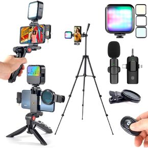 Vlogging Kit for iPhone,YouTube Starter Kit,Phone Holder for Video Recording Vlogging Camera Kit with Double Tripod/RGB Light/Wireless Microphone/CPL ens/Remote control