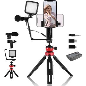 Vlogging Kit for iPhone Android: YJY YouTube Starter Kits Vlog Video Recording Equipment - Accessories: Phone Tripod, Phone Mount, LED Light and Microphone - JX24