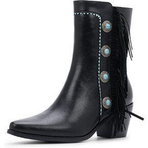 Women Casual Zipper Fringe Chunky Block Heel Ankle Boots Vintage Closed Toe Side Tassel Short Boots