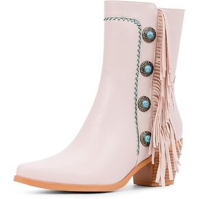 Women Casual Zipper Fringe Chunky Block Heel Ankle Boots Vintage Closed Toe Side Tassel Short Boots