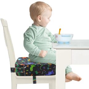 Toddler Booster Seat for Dining Table, Adjustable Seat Belts Booster Seat for Kitchen Chair, Strong Support Booster Seat Cushion, PU Easy Cleaning Detachable Portable Travel Booster (Black Dinosaur)