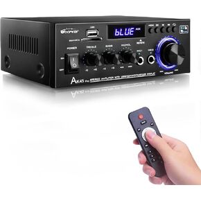 AK45 Pro Amplifier Home Audio Bluetooth 5.0 HiFi Stereo Amplifier Rated Power 50W 2.0 Channel Power Amplifier Mini AMP Stereo Receiver for Home Theater Speakers w/USB/SD/RCA/2 MIC in for Karaoke