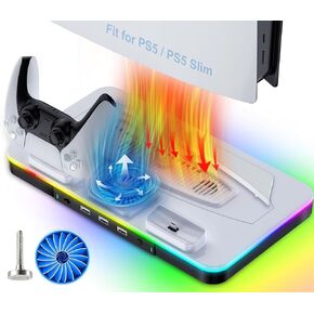 for PS5 Stand,PS5 Slim Stand,PS5 Slim/PS5 Cooling Station with RGB Color-Changing LED Controller Charging,Dual Controller Charger for PlayStation 5 Console with 2 Level Cooling Fan
