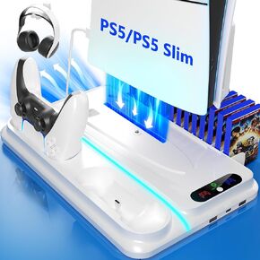 PS5 Cooling Station for PS5/PS5 Slim Disc Digital Console, PS5 Cooling Stand PS5 Slim Cooling Station, PS5 Stand PS5 Accessories with PS5 Controller Charger, 3 Level Fan, 12 Game Slots, RGB Lights