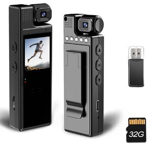 Body Camera with Audio and Video Recording,1080P HD Mini Body Cam with 32GB SD Card- 180° Rotating Lens- 1.3" Screen- Night Vision- 6HR Battery Recorder for Law Enforcement, Travel, Biking, Walking