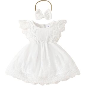 Infant Baby Girl Boho Floral Lace Dress Ruffle A-Line Mesh Princess Dresses with Headband Baptism Outfits