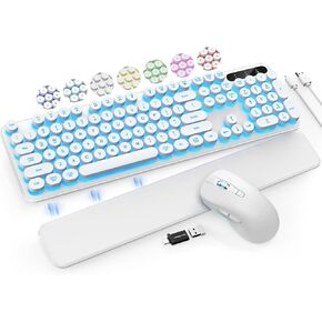 Wireless Keyboard and Mouse Backlit - Typewriter Keyboard with Detachable Wrist Rest, Retro Round Keycaps, Light Up Letters, 2.4G Cordless Combo for Mac, Windows, PC, Laptop, Trueque [2024 Upgraded]