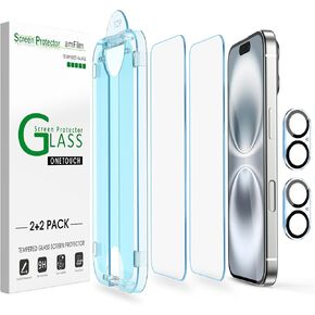 amFilm Auto-Alignment OneTouch for iPhone 16 [6.1''] Screen Protector + Camera Lens Protector, Tempered Glass, 30 seconds Installation, Bubble Free, Case Friendly, Anti-Scratch [2+2 Pack]