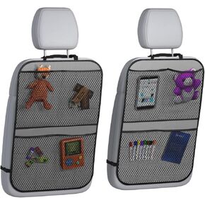 lebogner Back Seat Cover for Kids + 4 Pocket Storage Organizer, 2 Pack Kick Mats Backseat Protector, Car Accessories Waterproof Kick Guard for Vehicles to Protect from Dirt, Mud & Scratches, Grey