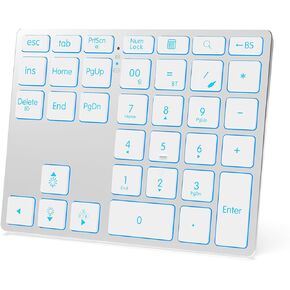 Tri-Mode Aluminum Numpad 7-Color Backlit Bluetooth 5.0/Wired USB-C/2.4G Wireless Number Pad Slim 35-Key Rechargeable Numeric Keypad External Keyboard Num Pad for Laptop, Mac - Silver White
