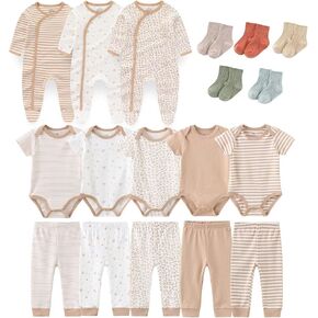 Infant Rompers Set 18-Pieces Baby Clothing 100% Cotton Infant Essentials Gifts Unisex Baby Boy Girl Layette Sets