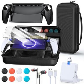 FYOUNG Accessories Kit for PlayStation Portal, Carrying Case Bundle and Magnetic Portable Charger for PS5 Portal with Protective Case, 2 Screen Protectors, Wired Headphone, 8 Thumb Grips-Black