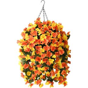 Artificial Fake Hanging Plants Flowers Basket for Fall Autumn Outdoor Decoration,Faux Silk Begonia Flower in Planter UV Resistant Realistic for Outside Home Indoor Porch Patio Balcony Yard Decor