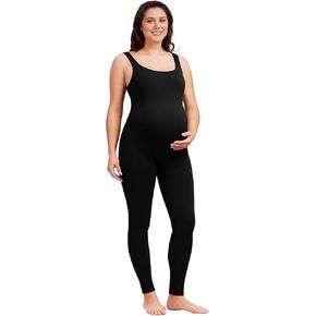 Angelhood Maternity Bodysuit Ribbed Maternity Workout Romper Yoga Pregnancy Jumpsuit One Piece Sleeveless Tank Top Shapewear, Medium Black