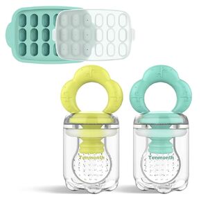 Baby Fruit Food Feeder Breastmilk Popsicle Molds with Freezer Tray, Tenmonth Silicone Baby Feeder for Safe Infant Self Feeding and Teething Relief 2 Pack, BPA Free