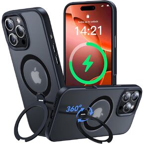 360° Rotated Magnetic Stand for iPhone 16 Pro Max Case 6.9'' Compatible with MagSafe, Military Grade Shockproof Cover, Built-in Ring Holder Translucent Matte 16 ProMax Phone Case, Black
