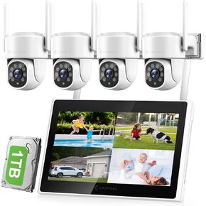 Wireless Security Camera System with 10.1" Monitor, AI Human Detection, Floodlight,Siren Alarm, 2-Way Audio,4PCS 5MP PTZ Camera,Expandable 10CH NVR,Home Business Surveillance,1T HDD